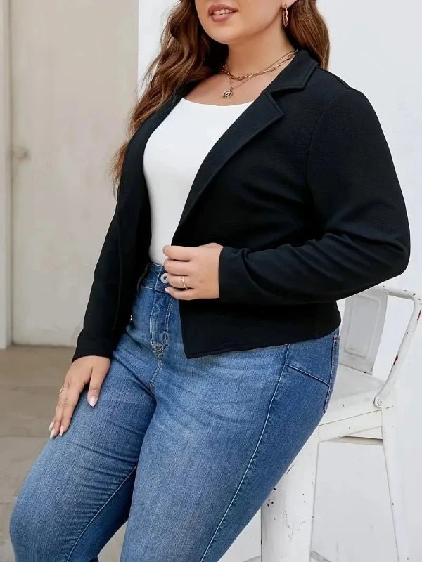 Black Notched Neck Open Stitch Plus Size Short Jacket - SHExFAB