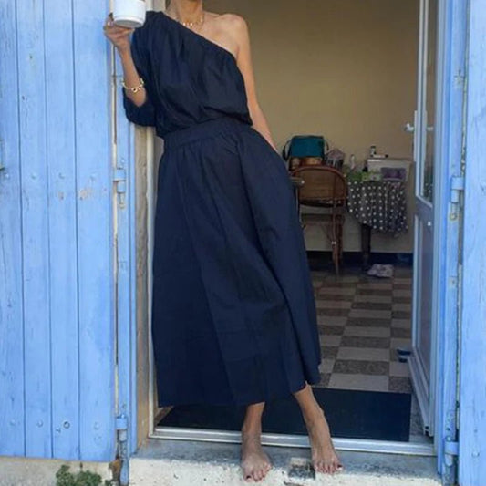 Black One Shoulder Sleeve Pocket Slim Waist Maxi Dress - SHExFAB