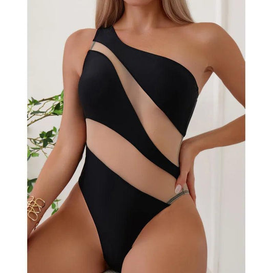 Black Patchwork See - Through One Shoulder Swimsuit - SHExFAB