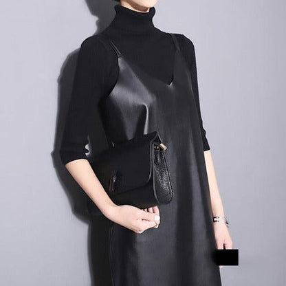 Black PU Leather Long Dress - SHExFAB