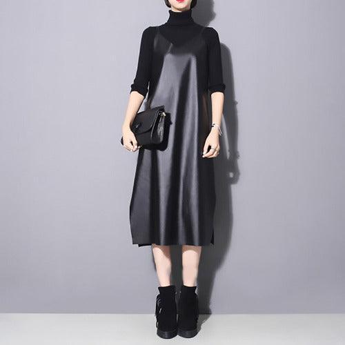 Black PU Leather Long Dress - SHExFAB