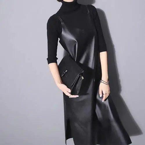 Black PU Leather Long Dress - SHExFAB