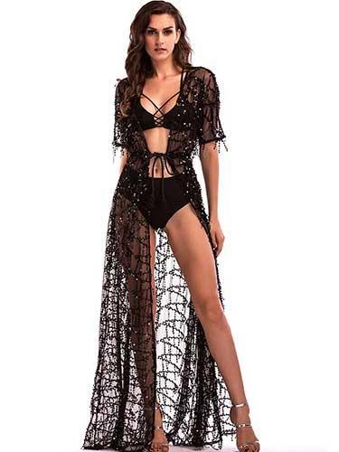 Black See Through Sequin Maxi Beach Party Dress - SHExFAB