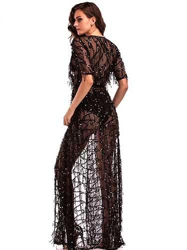 Black See Through Sequin Maxi Beach Party Dress - SHExFAB