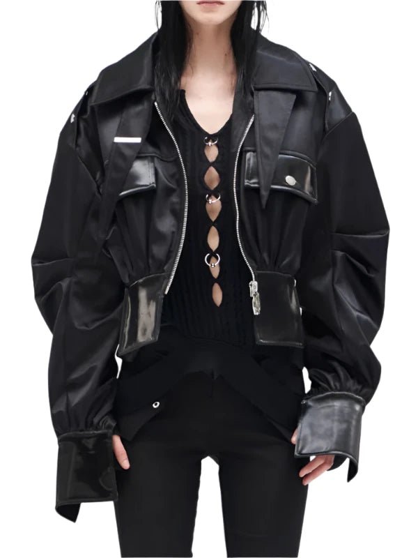 Black Storm Shield Zipper Short PU Leather Jacket - SHExFAB