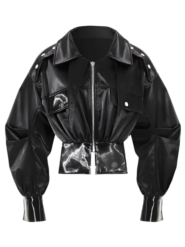 Black Storm Shield Zipper Short PU Leather Jacket - SHExFAB