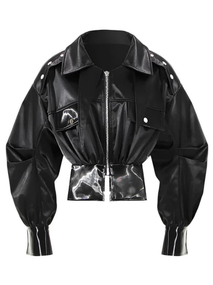 Black Storm Shield Zipper Short PU Leather Jacket - SHExFAB