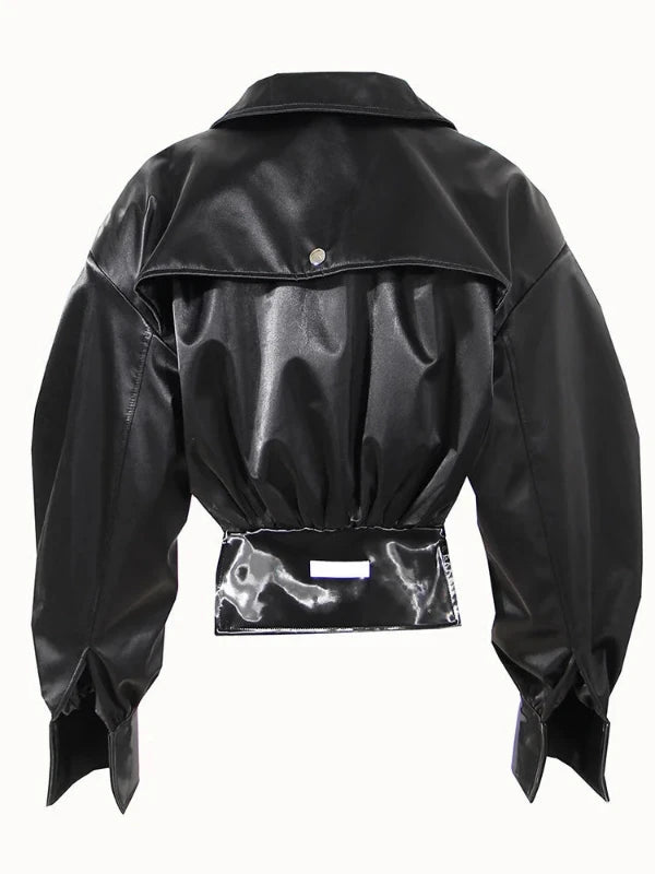 Black Storm Shield Zipper Short PU Leather Jacket - SHExFAB