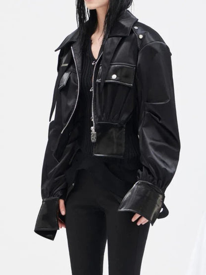 Black Storm Shield Zipper Short PU Leather Jacket - SHExFAB