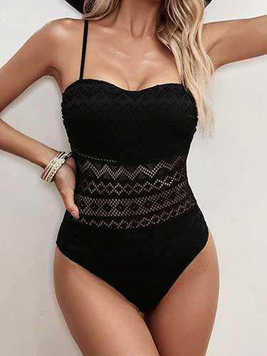 Black Thin Strap Push Up Lace Backless Swimsuit - SHExFAB