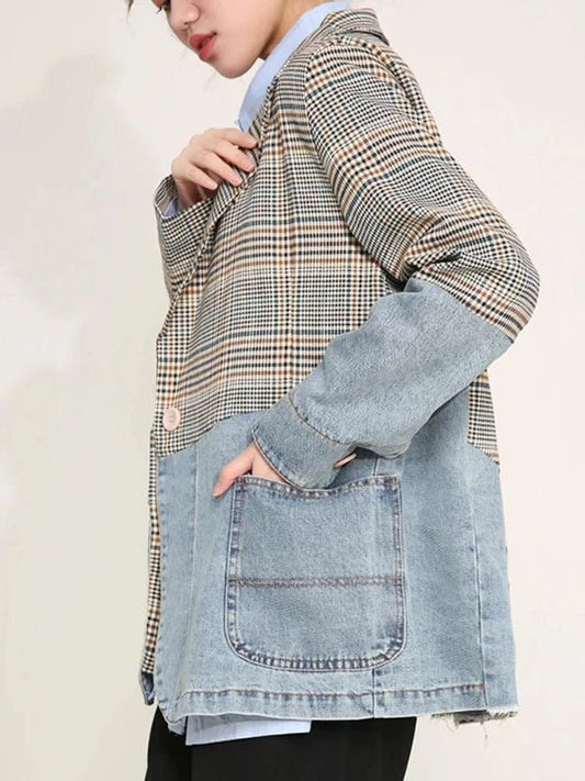 Blue Denim Patchwork Plaid Blazer Jacket - SHExFAB