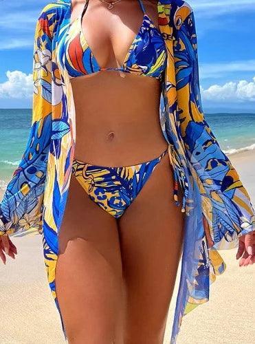 Blue Floral 3 Piece Bikini Set with Shirt - SHExFAB