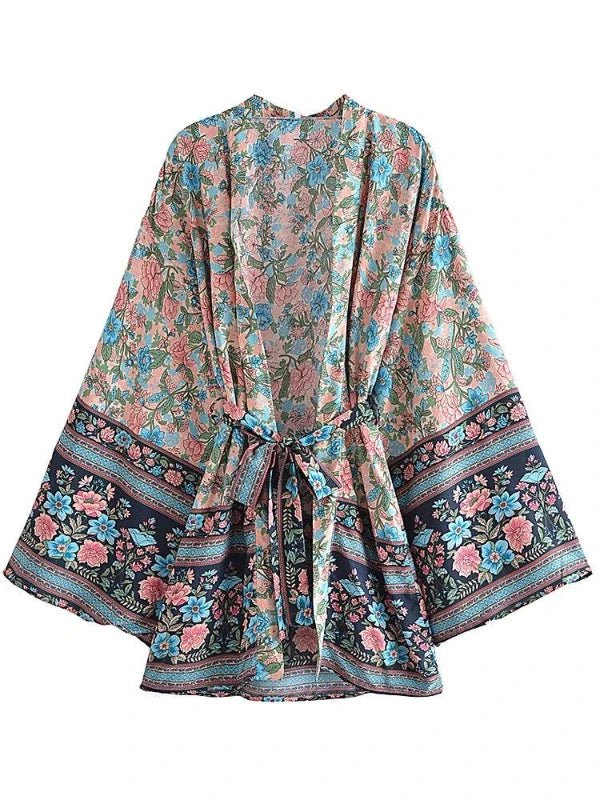 BLUE Floral Cotton Bohemian Kimono Top - SHExFAB