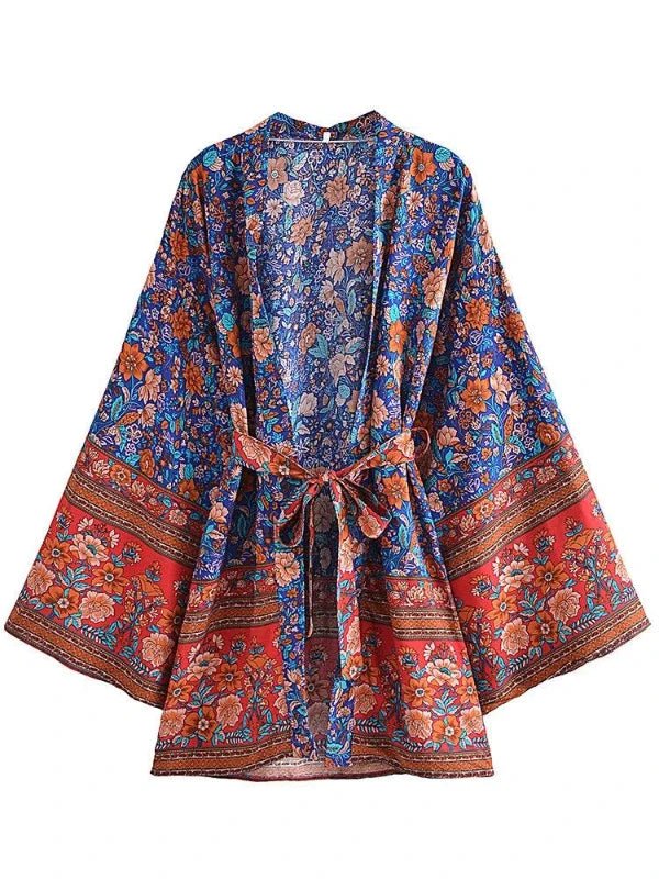 BLUE Floral Cotton Bohemian Kimono Top - SHExFAB