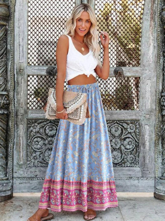 Blue Floral Elastic Waist Long A - Line Boho Maxi Skirt - SHExFAB