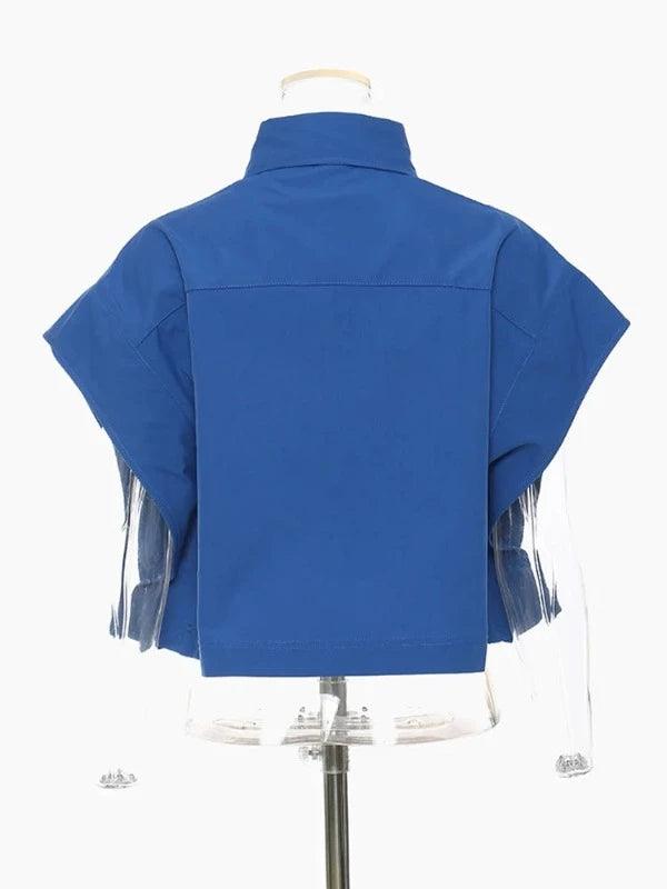 Blue Split Button Sleeve Short Fashion Shirt - SHExFAB