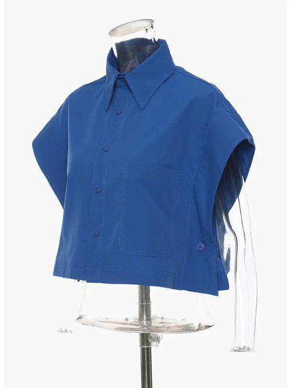 Blue Split Button Sleeve Short Fashion Shirt - SHExFAB