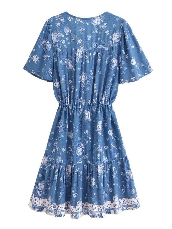 Blue V - Neck Front Button Boho Mini Floral Dress - SHExFAB