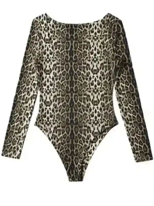 Square Collar Long Sleeve Leopard Print Bodysuit