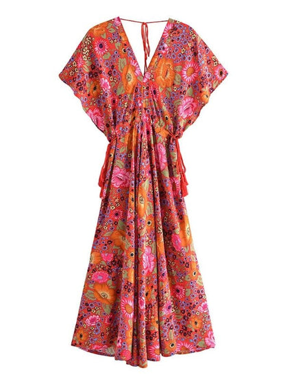 Bohemian Batwing Sleeve Cotton Long Floral Dress - SHExFAB