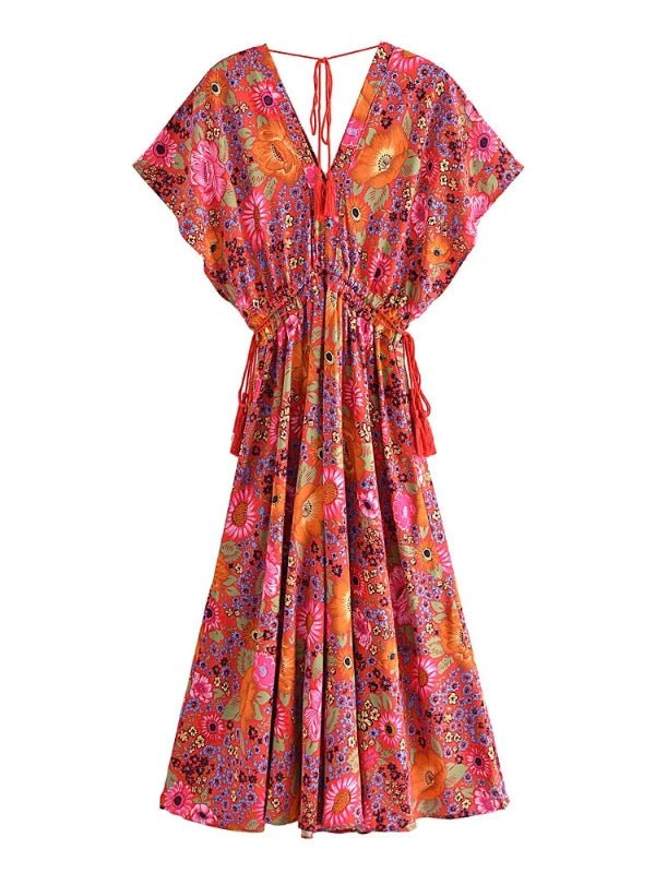 Bohemian Batwing Sleeve Cotton Long Floral Dress - SHExFAB