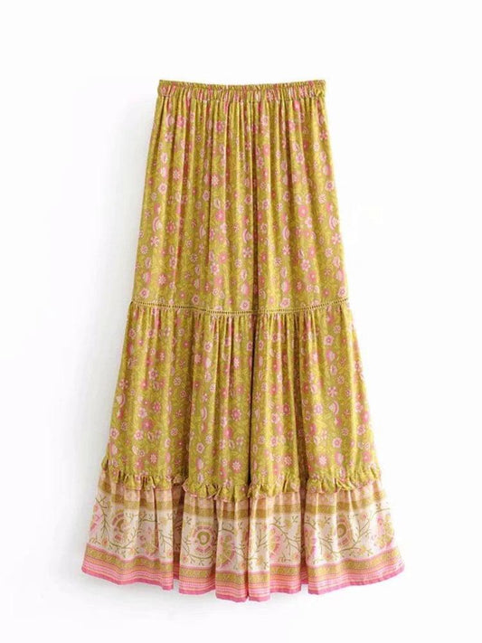 Bohemian Elastic Waist Pleated Yellow Floral Skirt - SHExFAB