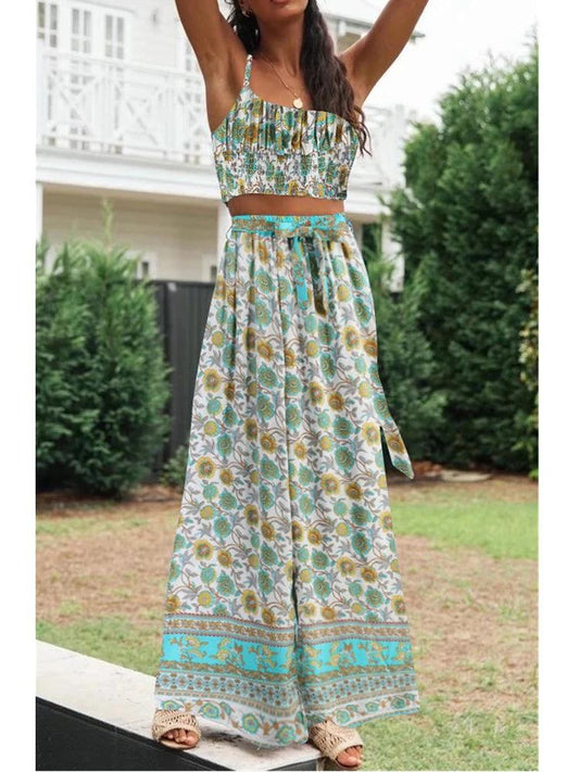 Bohemian Floral Cami Top and Wide Leg Pants Set - SHExFAB