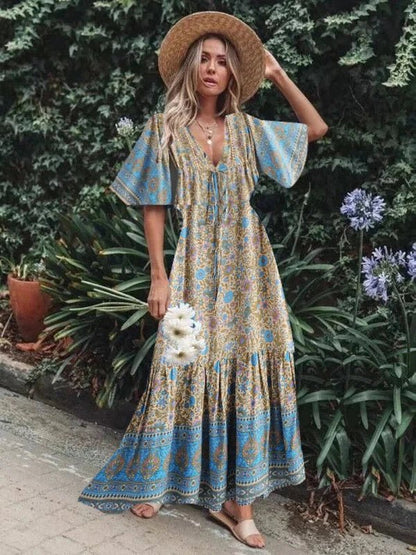 Bohemian Long Summer Floral Ruffle Dress - SHExFAB