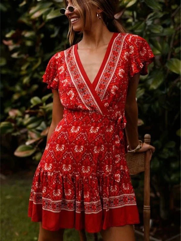 Bohemian Short Sleeve Wrap Red Floral Print Mini Dress - SHExFAB