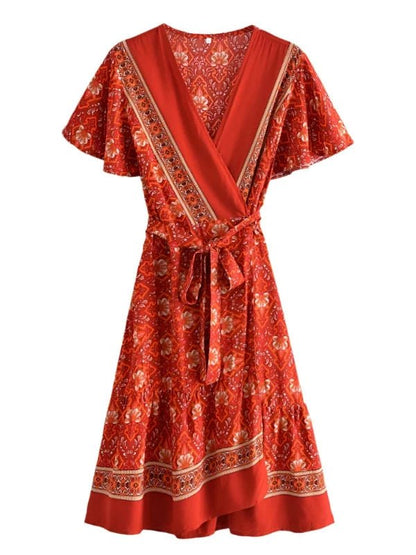 Bohemian Short Sleeve Wrap Red Floral Print Mini Dress - SHExFAB