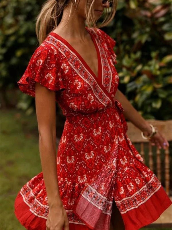 Bohemian Short Sleeve Wrap Red Floral Print Mini Dress - SHExFAB