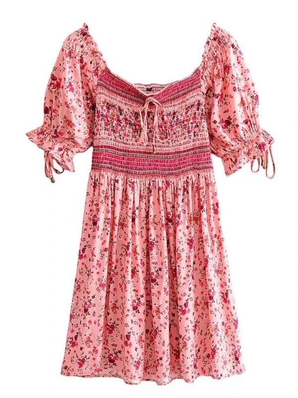 Boho dLace - Up Bow Smocked Floral Mini Dress - SHExFAB