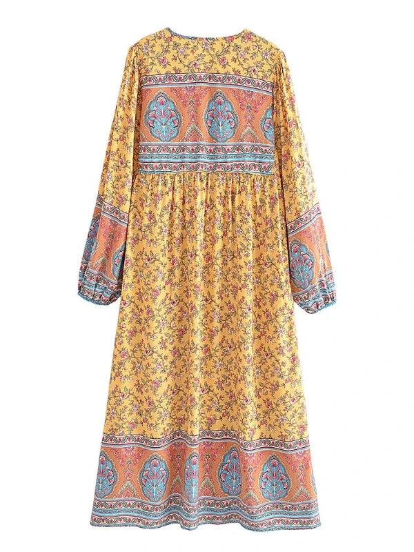 Boho Lace - Up Yellow Floral Long Dress - SHExFAB