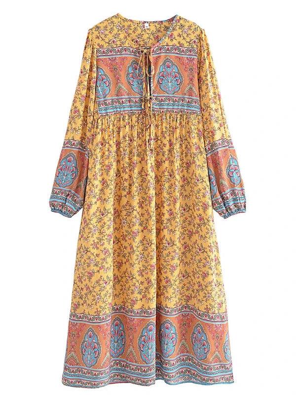 Boho Lace - Up Yellow Floral Long Dress - SHExFAB