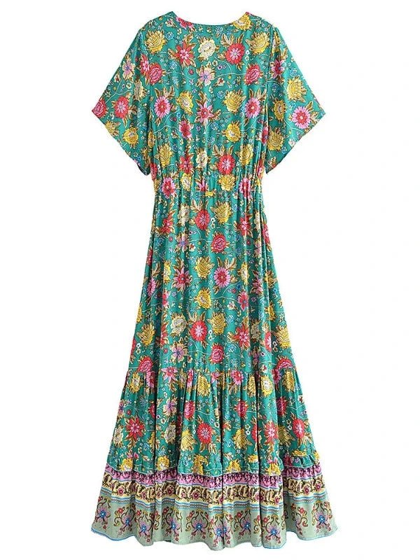 Boho V - Neck Green A - Line Maxi Floral Dress - SHExFAB