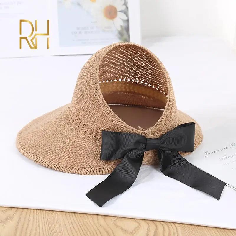 Bow Tie Wide Brim Foldable Visor Straw Hat - SHExFAB