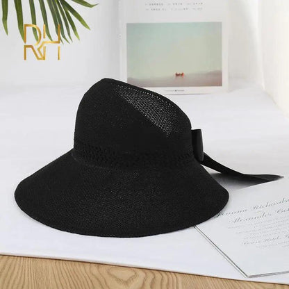 Bow Tie Wide Brim Foldable Visor Straw Hat - SHExFAB