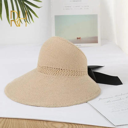 Bow Tie Wide Brim Foldable Visor Straw Hat - SHExFAB