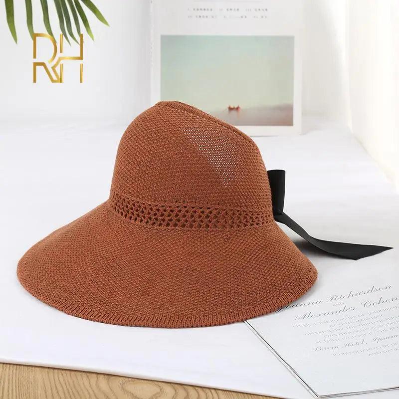 Bow Tie Wide Brim Foldable Visor Straw Hat - SHExFAB