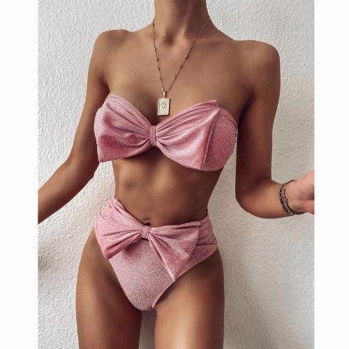 Bow Tube Top and High Waist Bikini Set - SHExFAB