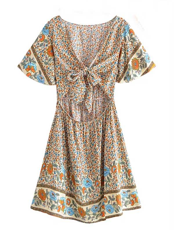 Bowknot Cut Out Bohemian Floral Mini Dress - SHExFAB