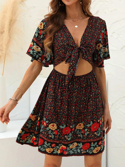 Bowknot Cut Out Bohemian Floral Mini Dress - SHExFAB