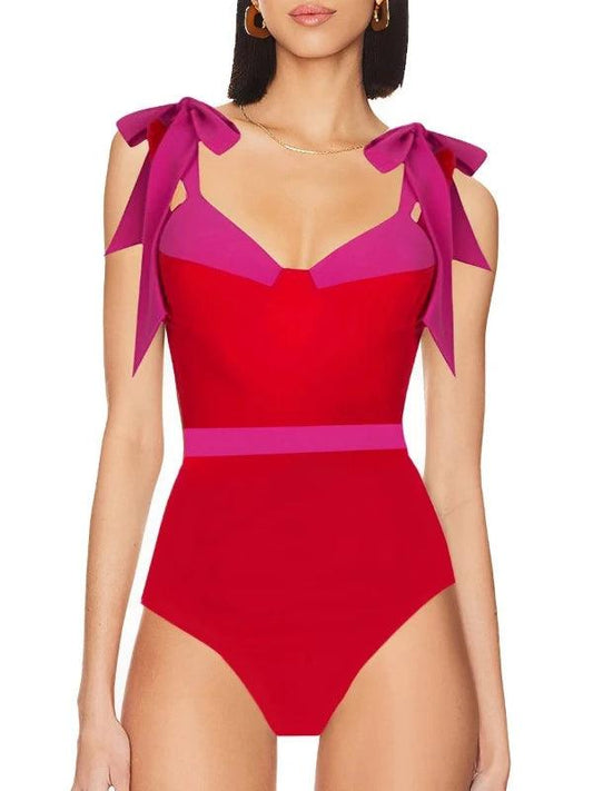 Bowknot Straps Patchwork Retro One - Piece Swimsuit - SHExFAB