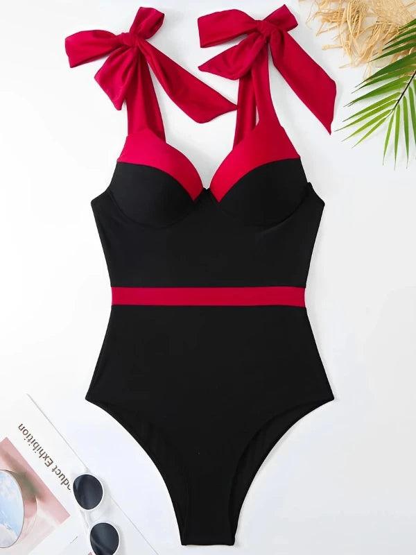 Bowknot Straps Patchwork Retro One - Piece Swimsuit - SHExFAB