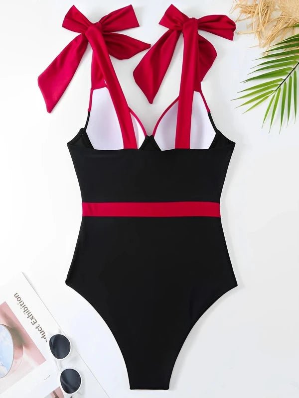 Bowknot Straps Patchwork Retro One - Piece Swimsuit - SHExFAB