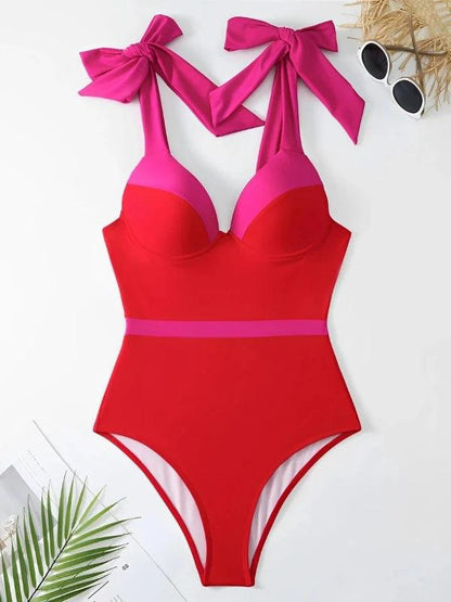 Bowknot Straps Patchwork Retro One - Piece Swimsuit - SHExFAB