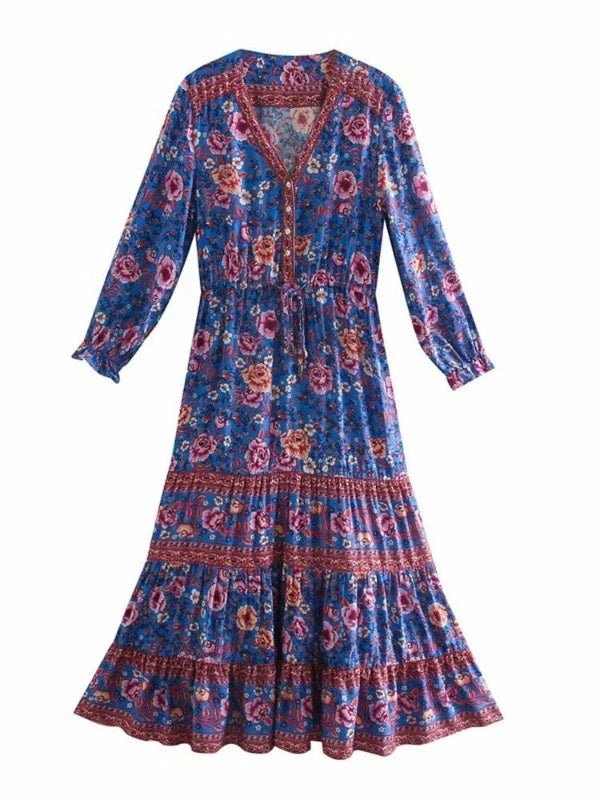 Button Purple Floral Bohemian Long Sleeve Maxi Dress - SHExFAB