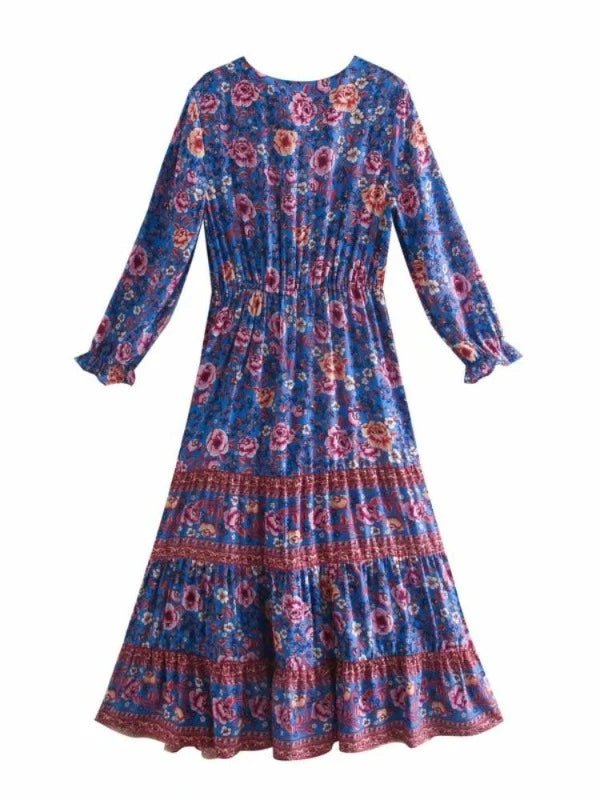 Button Purple Floral Bohemian Long Sleeve Maxi Dress - SHExFAB