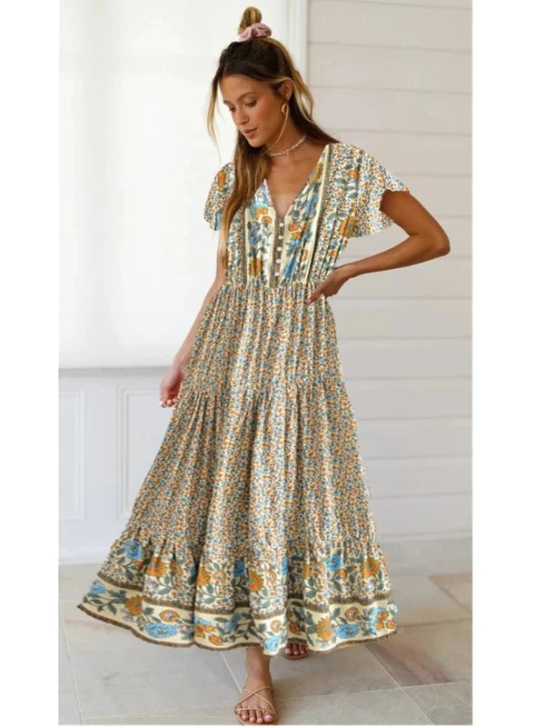 Button Summer Boho Pleated Floral Maxi Dress - SHExFAB