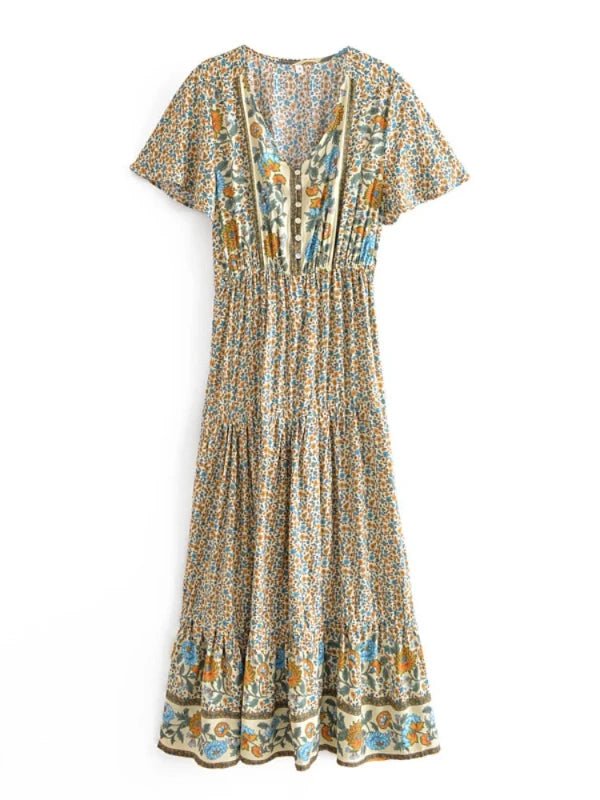 Button Summer Boho Pleated Floral Maxi Dress - SHExFAB